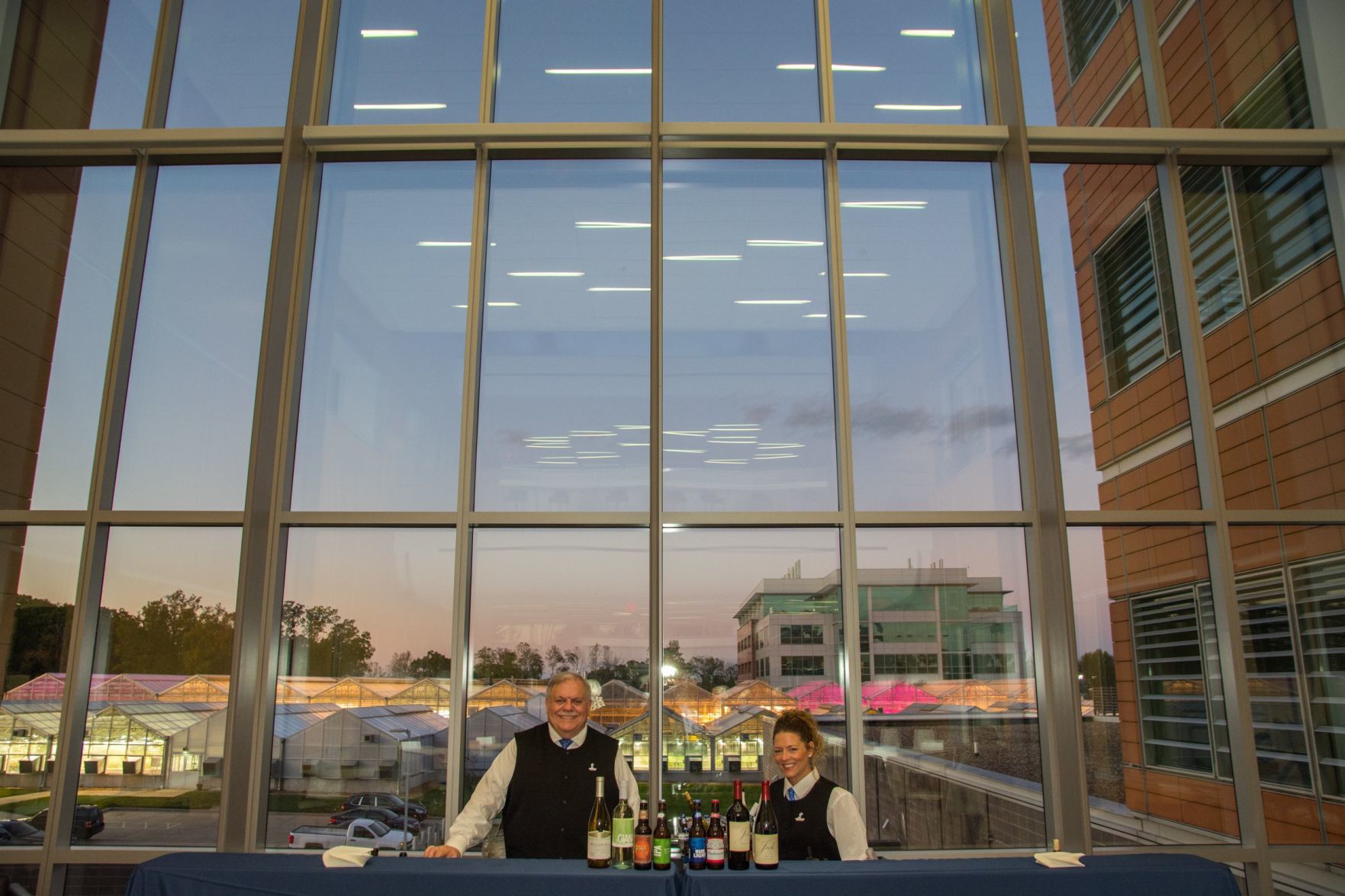 View of the campus and sunset in the cocktail area